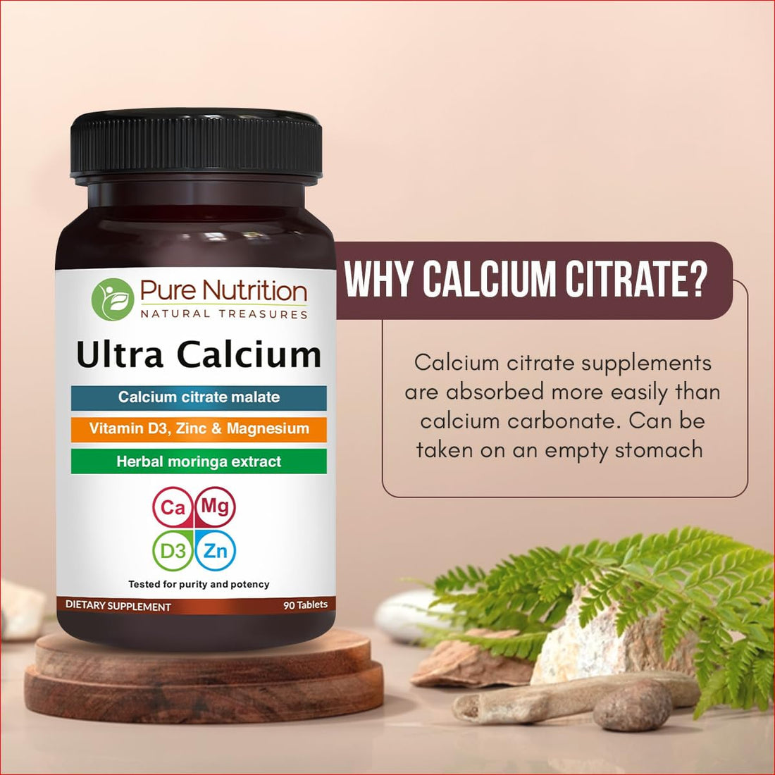 Pure Nutrition Ultra Calcium Citrate 1000mg Highly absorbable Calcium Supplement with Calcium Citrate Malate, Vitamin D, Zinc and Magnesium - 1 Tablet Daily (90 Veg Tabs) Non-GMO | Gluten-Free