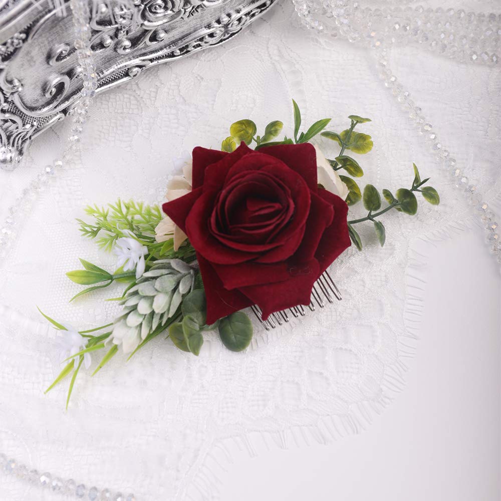 Anglacesmade Bridal Flower Hair Comb Burgundy Dark Red Rose Cream Daisy Eucalyptus Greenery Headpiece for Rustic Wedding Photo Shoot Prom Party Festival