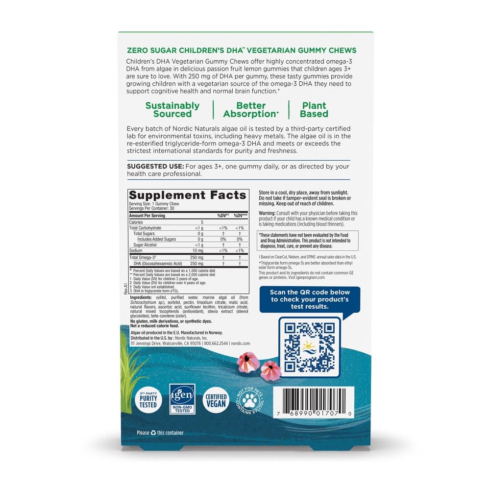 Nordic Naturals Zero Sugar Children’s DHA Vegetarian Gummy Chews - Passion Fruit Lemon Flavor - 30 Gummies - Vegan Algae Oil Omega-3 Supplement for Kids Brain & Cognition Support - 30 Servings