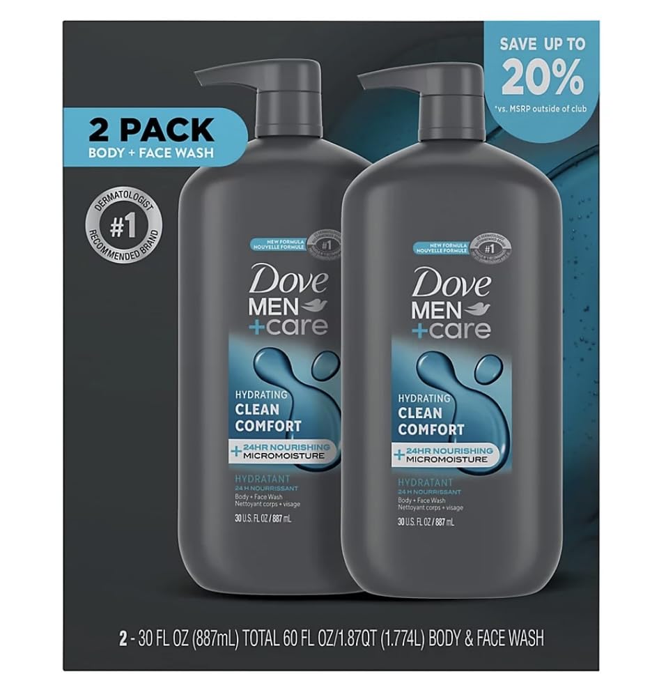 Dove Men+Care Body and Face Wash Hydrating Clean Comfort Body Wash for Men with 24-Hour Nourishing Micromoisture Technology, 30 oz. 2pack