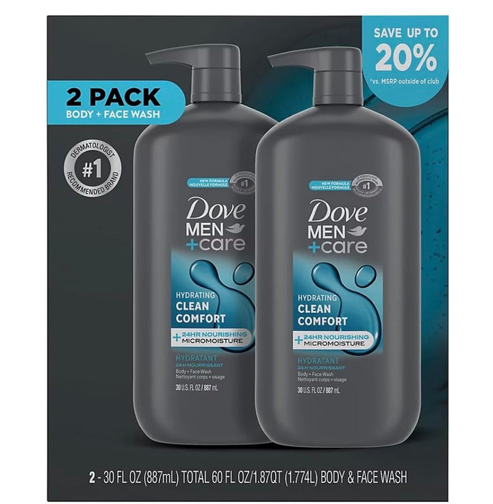 Dove Men+Care Body and Face Wash Hydrating Clean Comfort Body Wash for Men with 24-Hour Nourishing Micromoisture Technology, 30 oz. 2pack