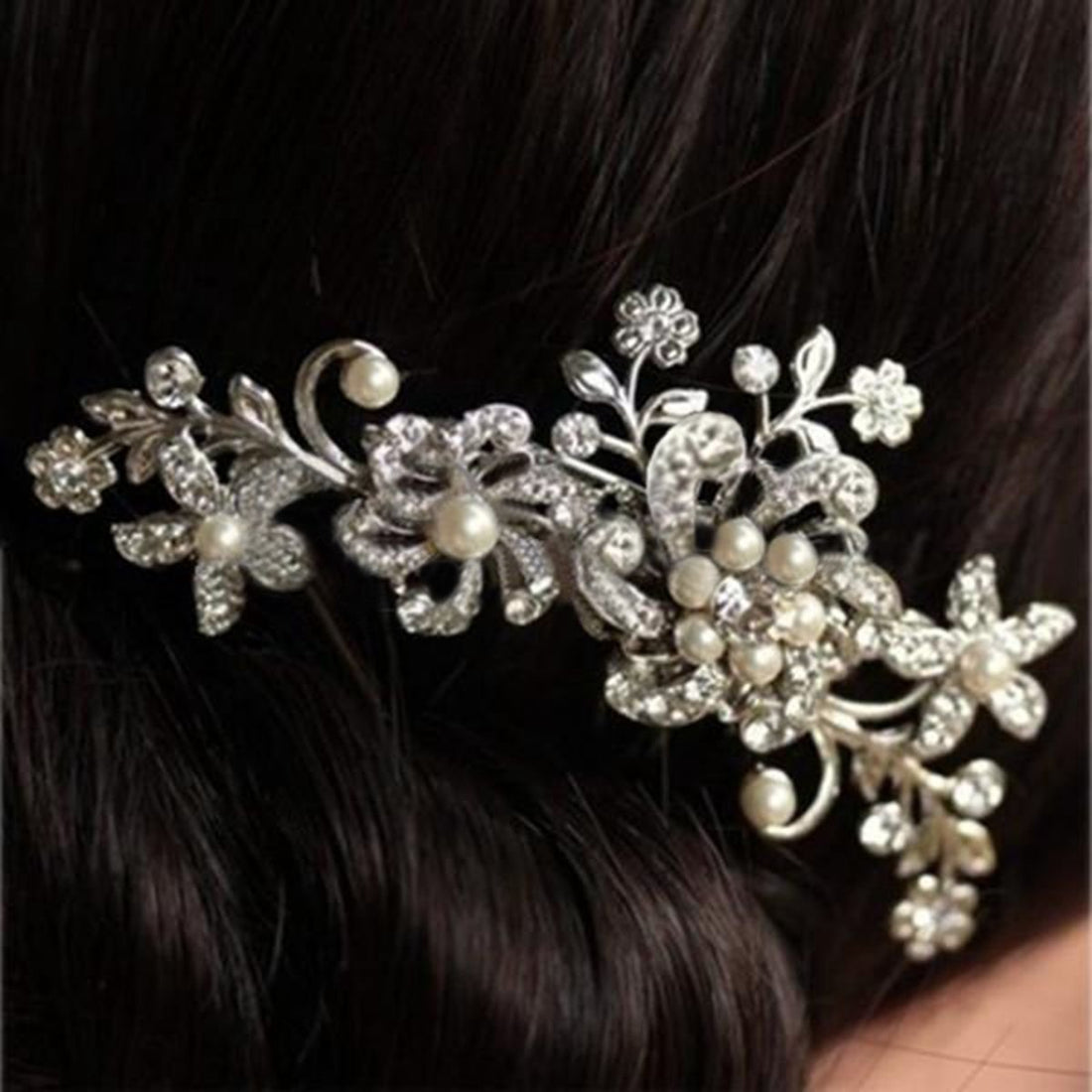 Bridal Wedding Flower Crystal Rhinestones Pearls Women Hair Clip Comb