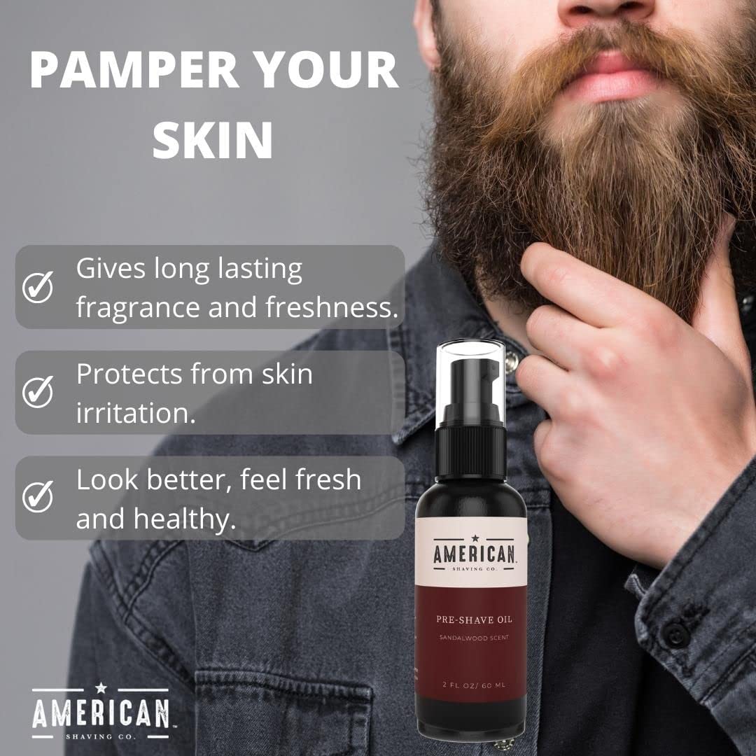 Pre-Shave Oil (Sandalwood Scent) for Effortless, Smooth & Irritation-free Shave, Natural Handcrafted Blend Argan & Jojoba Oil, Protects Razor Burn, Premium Pre-Shave Oil by American Shaving Co - 2 Oz