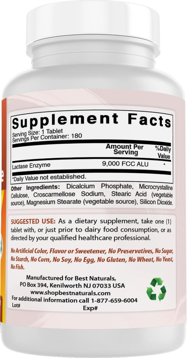 Best Naturals Lactose Intolerance Relief Tablets with Natural Lactase Enzyme, Fast Acting High Potency Lactase, 9000 FCC ALU, 180 Count