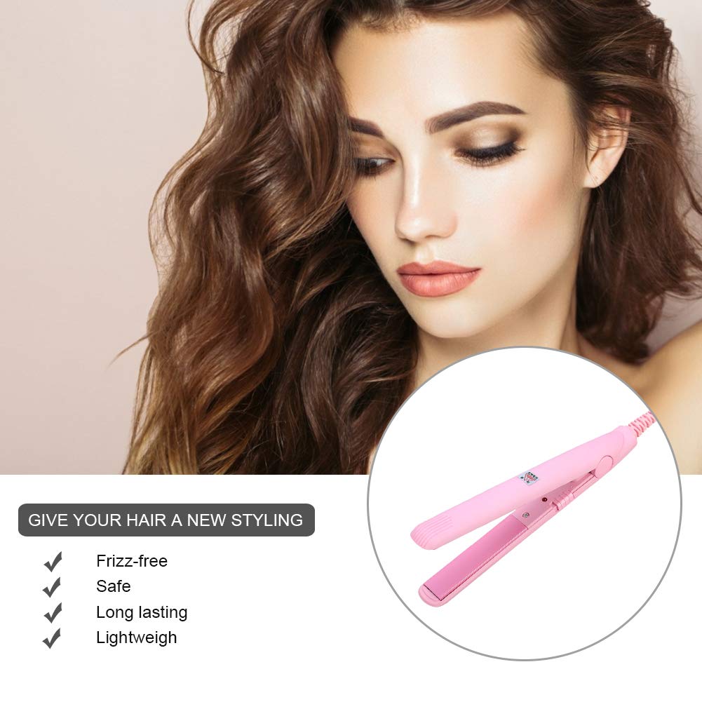 Hair Straightener Flat Iron, 2 in 1 Mini Bangs Hair Straightener Beauty Flat Iron Heating Curler Ceramic Tourmaline Plate Wave Straightener (Pink)