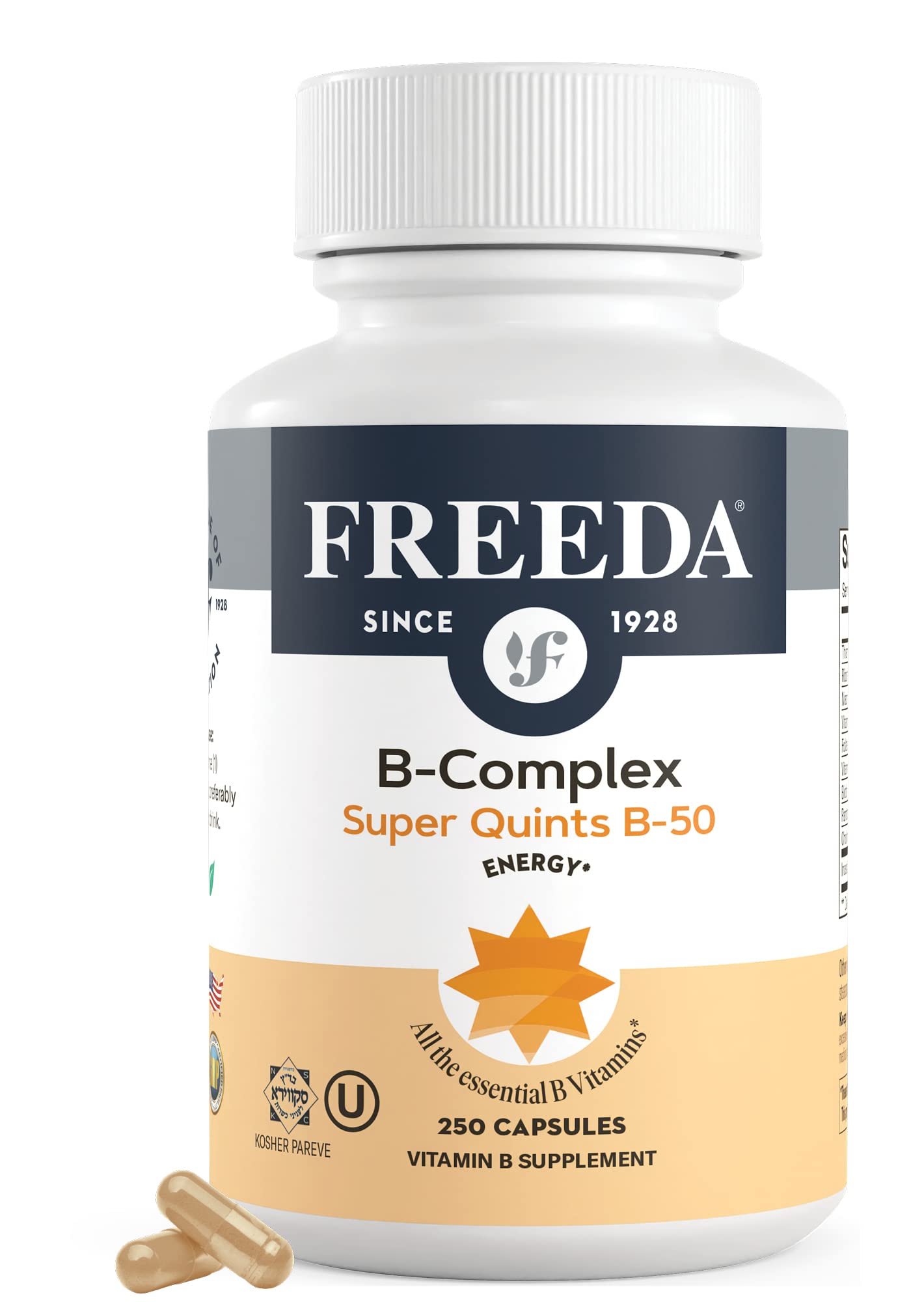 FREEDA Vitamin B Complex - Kosher Super B Complex Vitamin Supplement for Women & Men with Biotin, Vitamin B12, B1, B2, B3, B6, Folic Acid - Energy Metabolism Booster - Super Quints B-50 (250 Capsules)