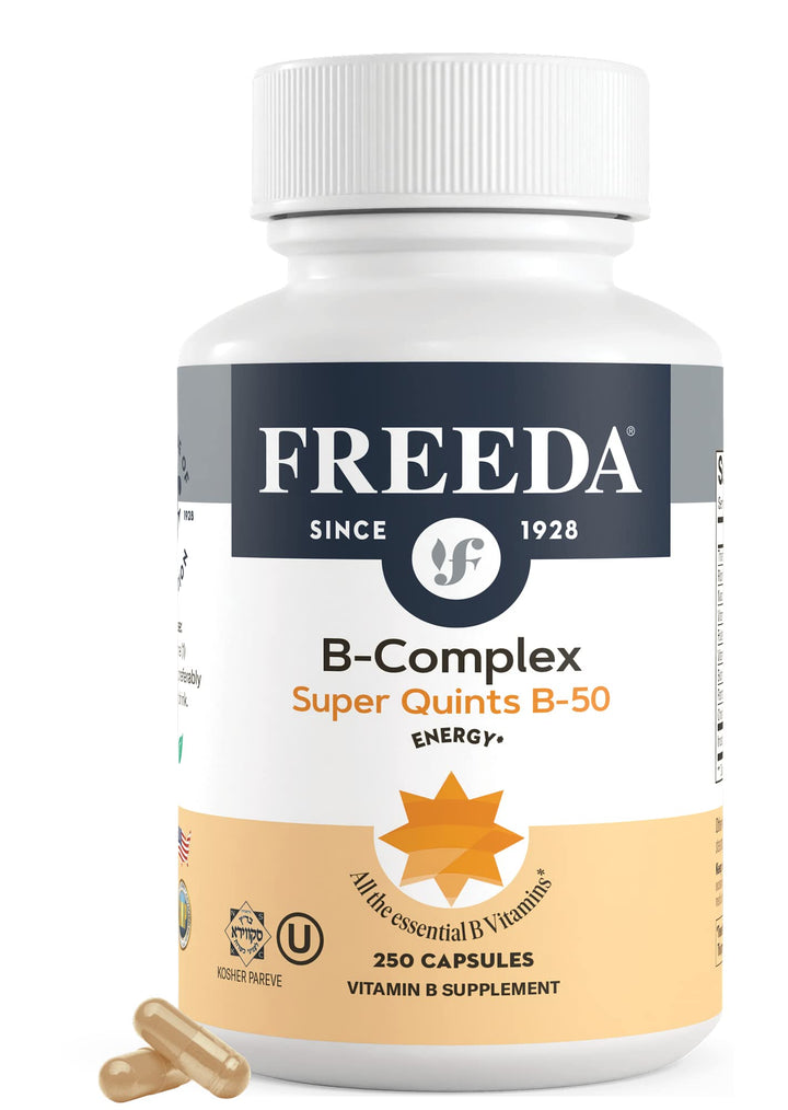 FREEDA Vitamin B Complex - Kosher Super B Complex Vitamin Supplement for Women & Men with Biotin, Vitamin B12, B1, B2, B3, B6, Folic Acid - Energy Metabolism Booster - Super Quints B-50 (250 Capsules)