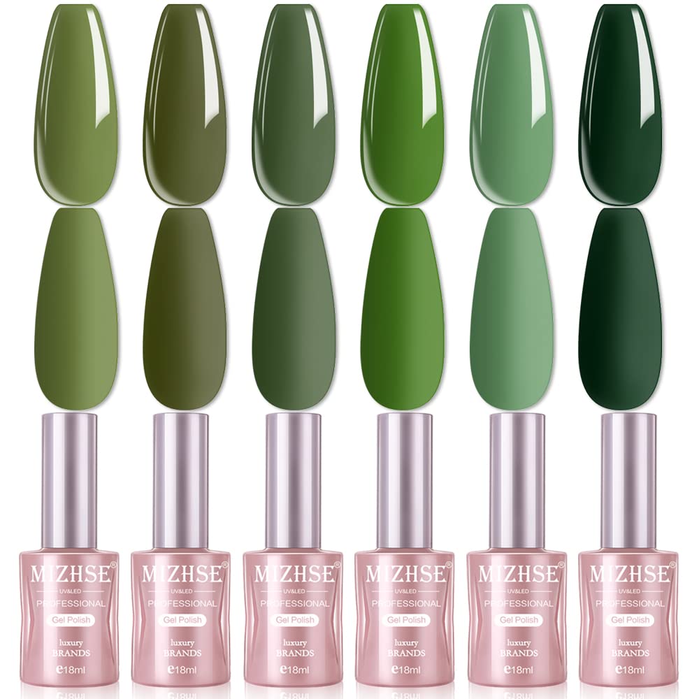 MIZHSE Gel Nail Polish Set Olive Green Color Series 6 Colors Nail Art Soak Off UV LED Gel Polish Gift Kit 18 ML