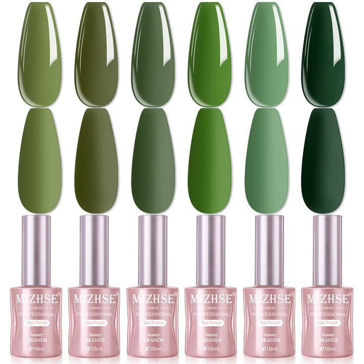 MIZHSE Gel Nail Polish Set Olive Green Color Series 6 Colors Nail Art Soak Off UV LED Gel Polish Gift Kit 18 ML