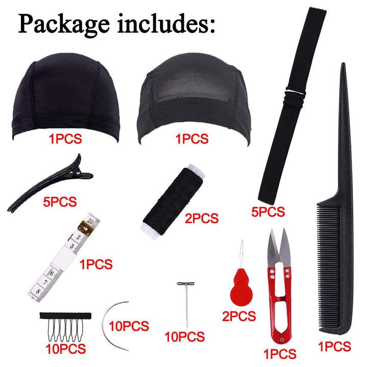 Wig Making Kit DIY Wig Tools Wig Accessories for Pro and Beginner, 5 Pieces Adjustable Elastic Band, 2 Pack Stretchable Wig Caps for Men and Women (Black)