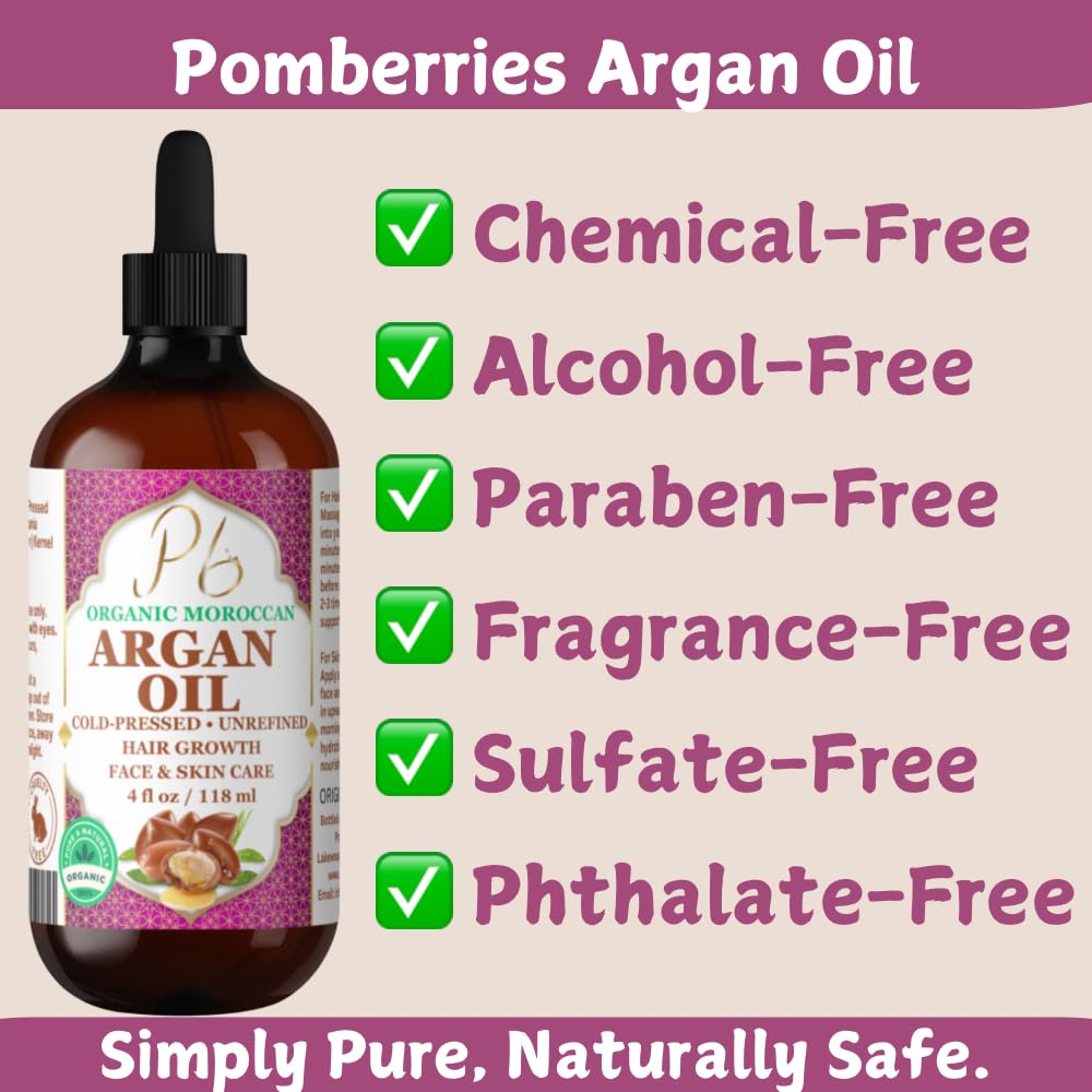 Pomberries Organic Moroccan Argan Oil – 100% Pure Cold-Pressed Virgin Oil for Hair, Skin, Face, Scalp & Body – Natural Moisturizer, Argan Hair Treatment, Glass Bottle – 4 fl oz