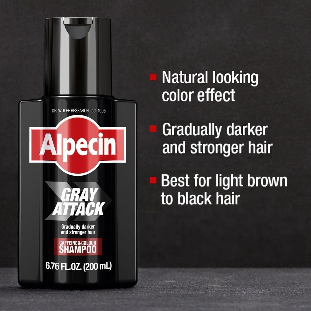Alpecin Gray Attack Caffeine & Color Shampoo for Men 6.76 Fl Oz | Gradually Darker and Stronger Hair | Natural Looking Color Effect for Less Grays | Leaves Hair Feeling Stronger