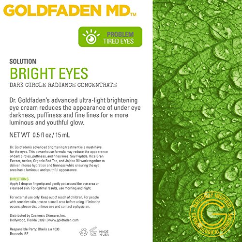 GOLDFADEN MD Bright Eyes Dark Circle Concentrate Brightening Eye Cream w/Soy Peptide, Rice Bran Extract & Arnica | May Reduce Under Eye Darkness, Puffiness & Fine Lines 0.5 fl. oz.