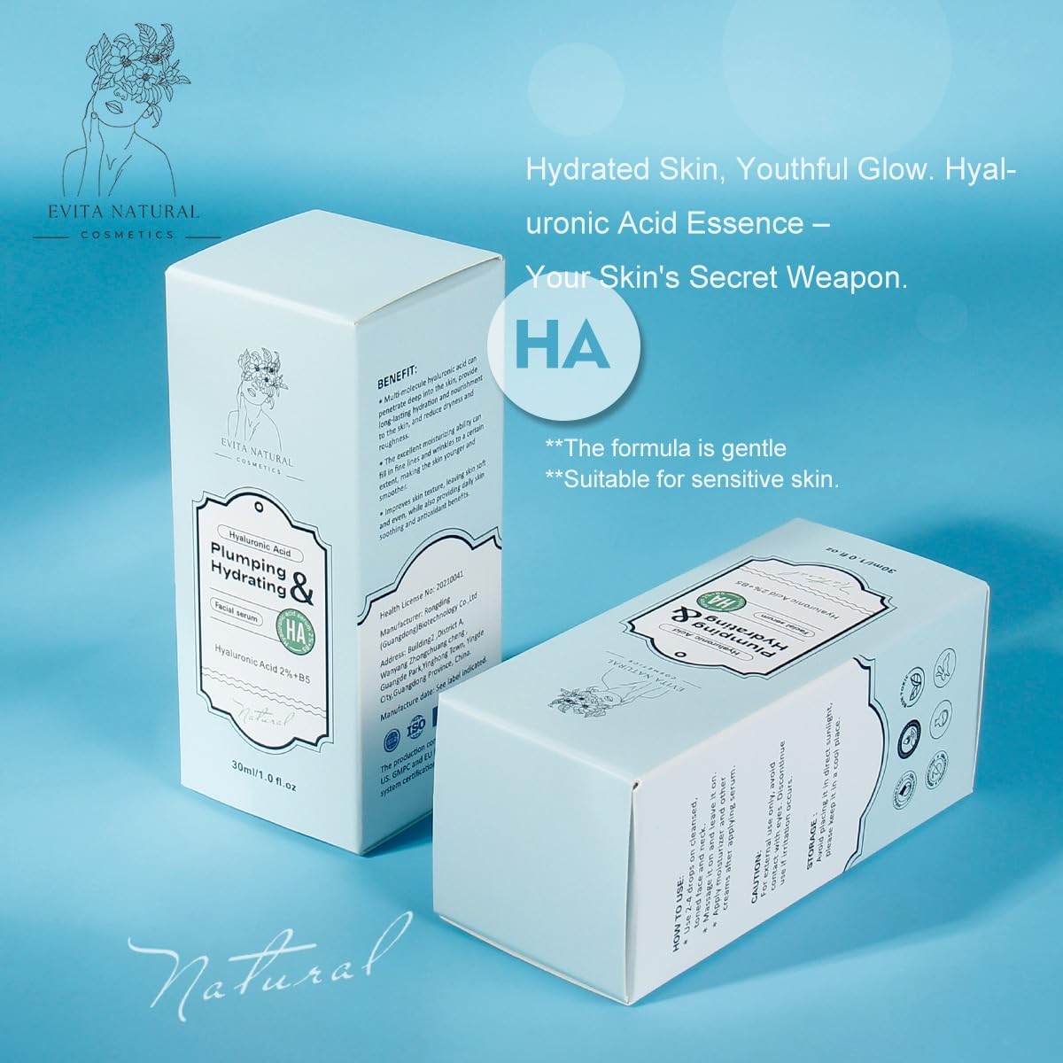 Evita Natural Cosmetics Hyaluronic Acid Serum 100% Natural Moisturizer with Vitamin B5 for Face and Neck. Dermatologically tested, Cruelty-Free, Paraben Free - 1 fl oz