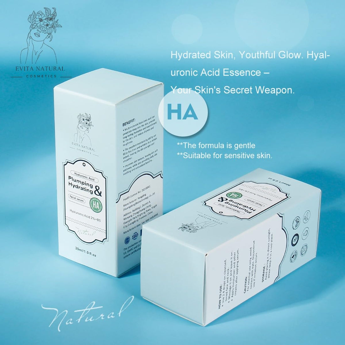 Evita Natural Cosmetics Hyaluronic Acid Serum 100% Natural Moisturizer with Vitamin B5 for Face and Neck. Dermatologically tested, Cruelty-Free, Paraben Free - 1 fl oz