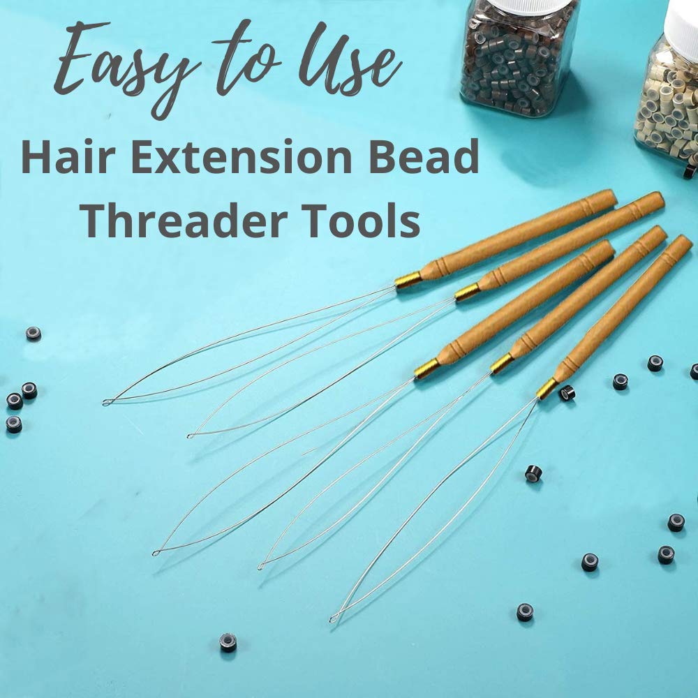 5 Wooden Hair Extensions Loop Needle Threader Wire Pulling Hook Tool for silicone microlink beads and feathers, Set of 5 for hair or feather extensions