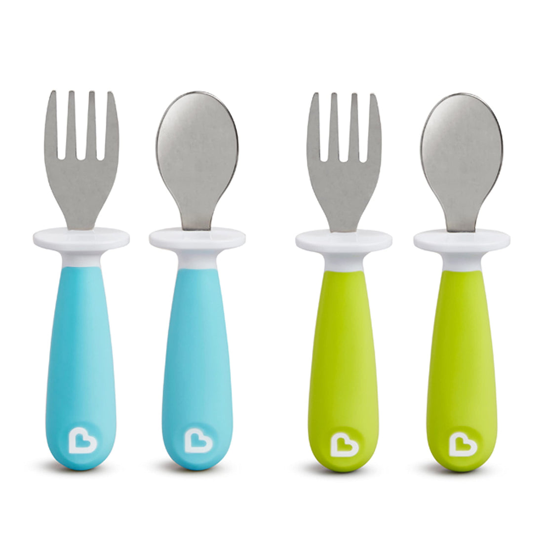 Munchkin® Raise™ Toddler Fork and Spoon Utensil Set, Rest Keeps Tip Off Table, BPA Free, 4 Pack, Blue/Green