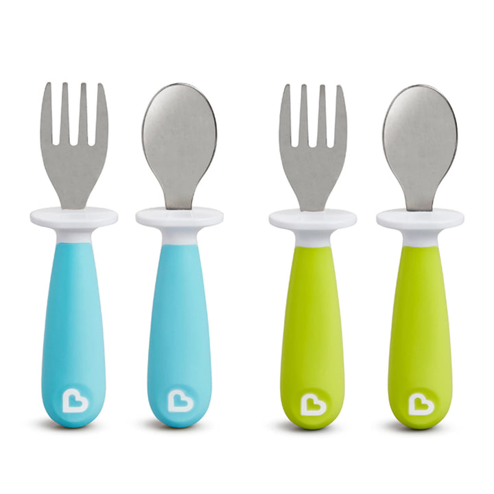 Munchkin® Raise™ Toddler Fork and Spoon Utensil Set, Rest Keeps Tip Off Table, BPA Free, 4 Pack, Blue/Green