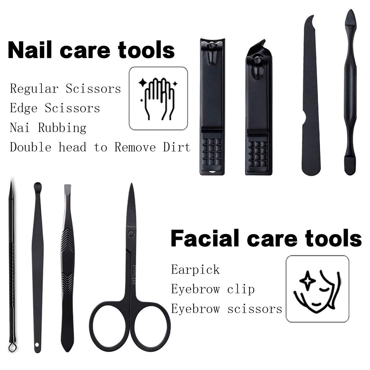 Manicure Kit Nail Clippers Set Stainless Steel Professional Pedicure Black 15 Pieces Grooming Scissors Cutter Ear Pick Tweezers Scissors Eyebrow file for Man&Women gift (black/blue_15in1)
