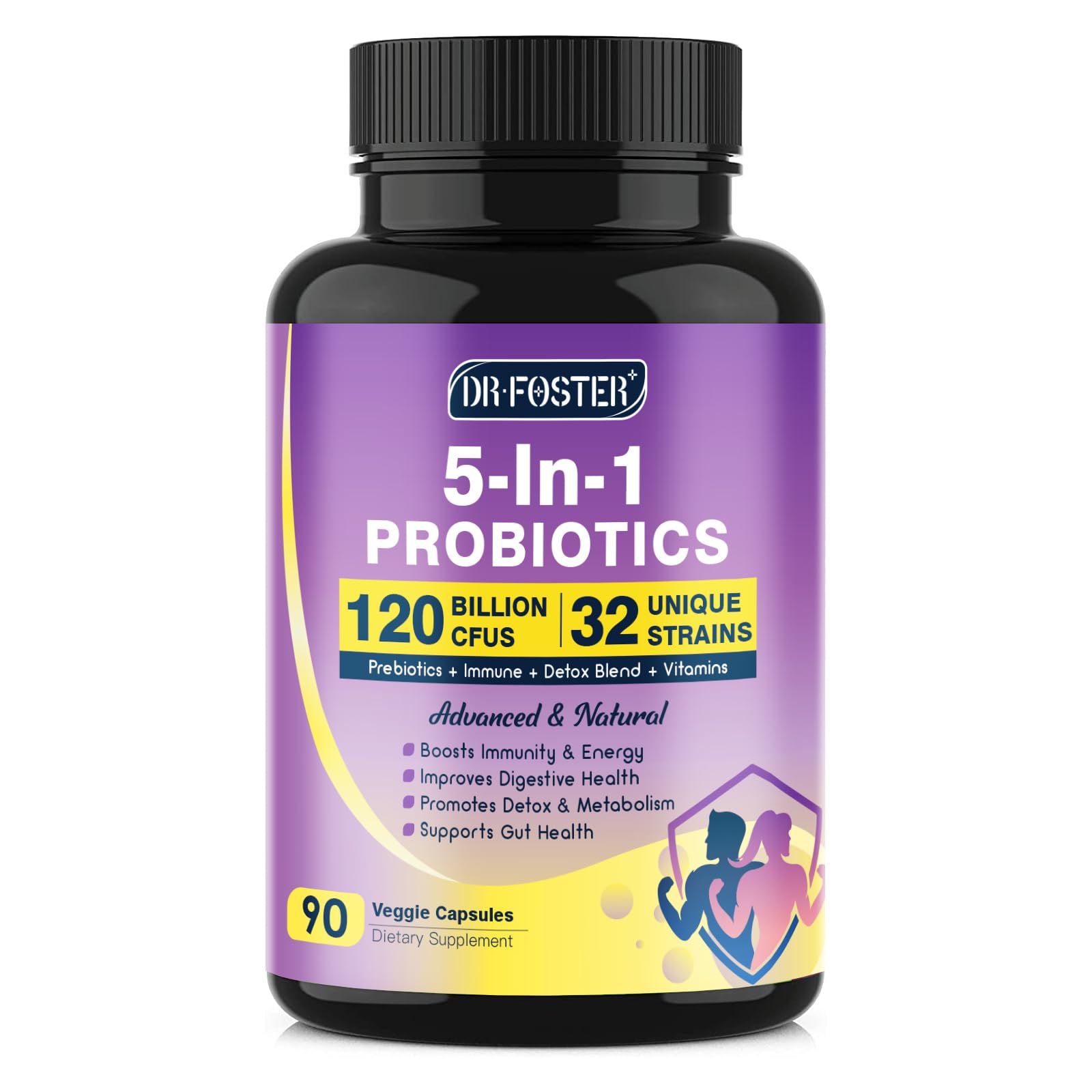 DRFOSTER Probiotics for Women & Men Digestive Health,120 Billion CFUs, Prebiotics and Probiotics for Gut Health, D3, Zinc & Immune Support Herbs, Detox Cleanse, 45 Day - 3 Month Supply