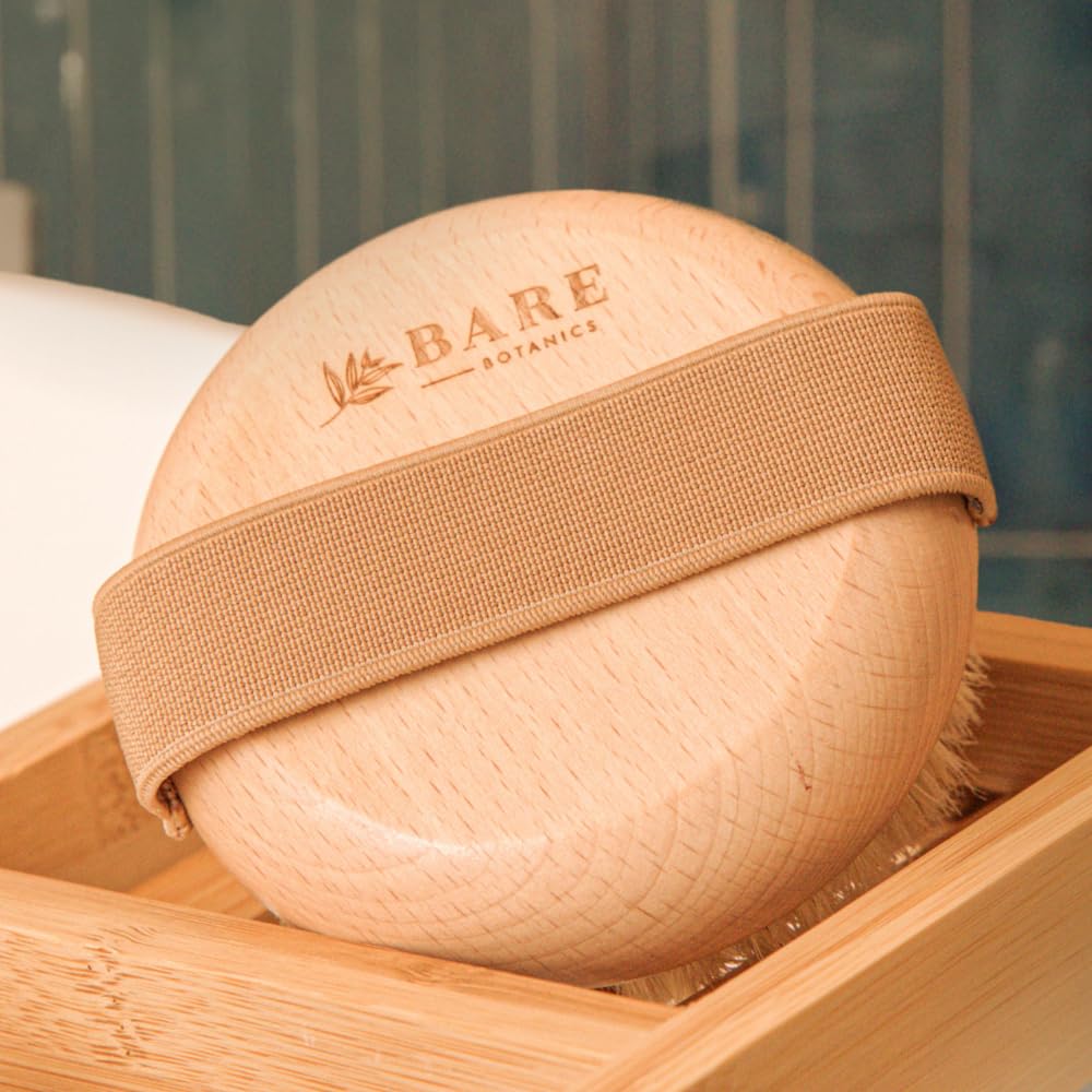 Bare Botanics Dry Body Brush for Lymphatic Drainage - Improve Circulation w/Gentle Exfoliation for Soft Skin - Ergonomically Designed w/Elastic Strap - Soft but Firm Natural Boar Bristles