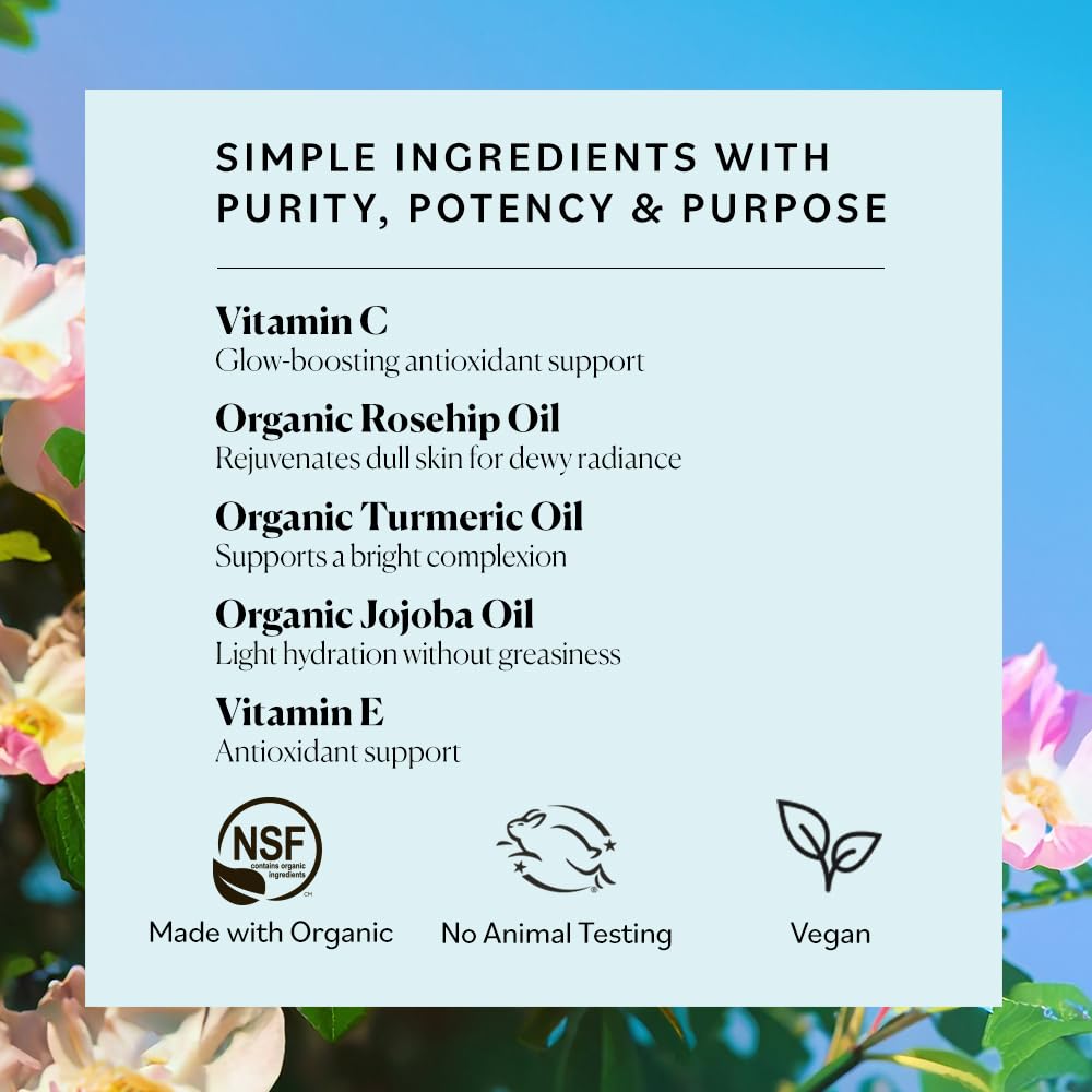 Sky Organics Bright Glow Face Serum, Vitamin C Serum, Rejuvenate Dull Skin, Hydrating, Promotes Brighter-looking Complexion, Skin Care with Vitamin E, Organic Jojoba Oil & Rosehip Oil, 1 fl oz