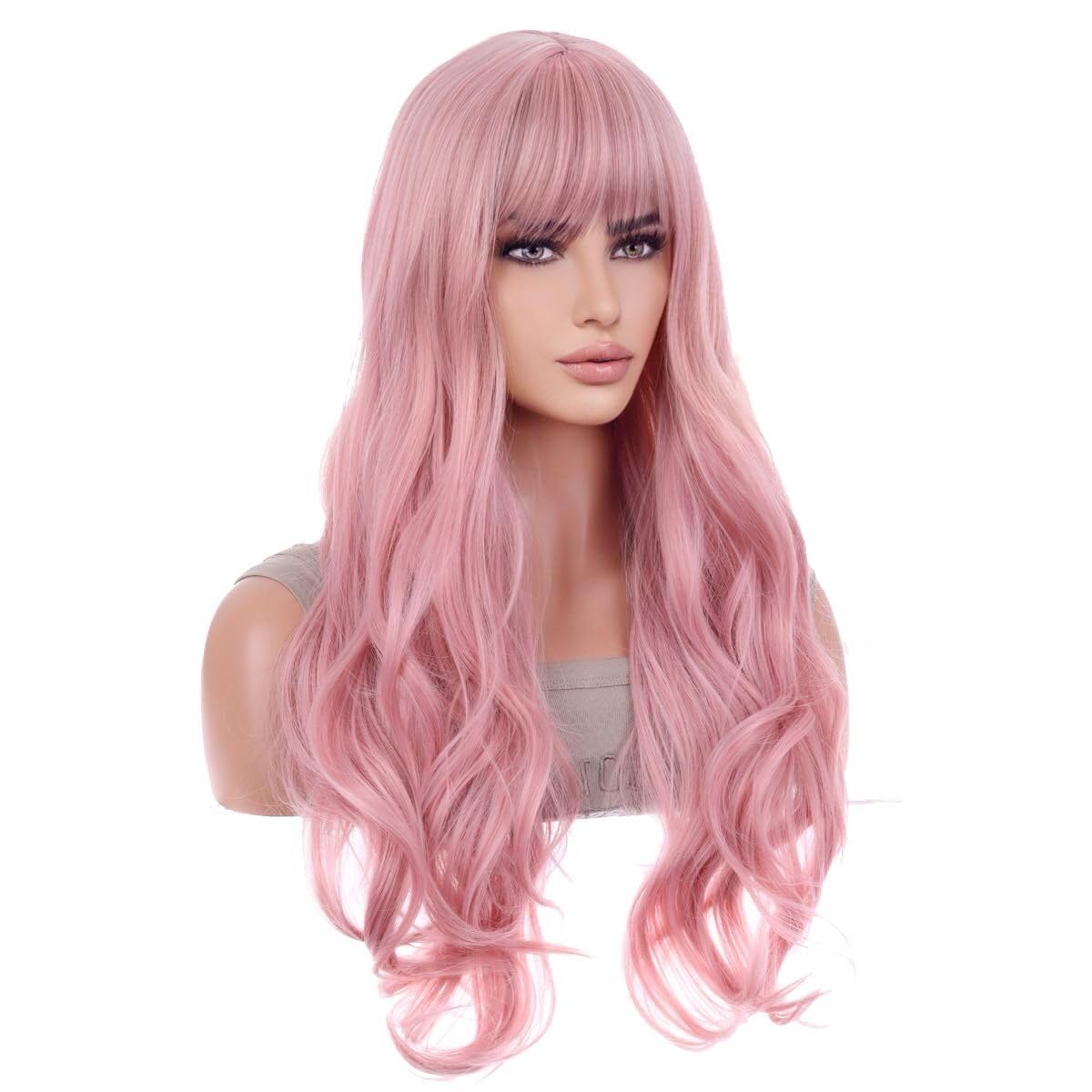 BERON 26 Inches Pink Wig Long Wavy Wig with Bangs Synthetic Wig Long Wig Pink Wigs for Daily Party with Wig Cap