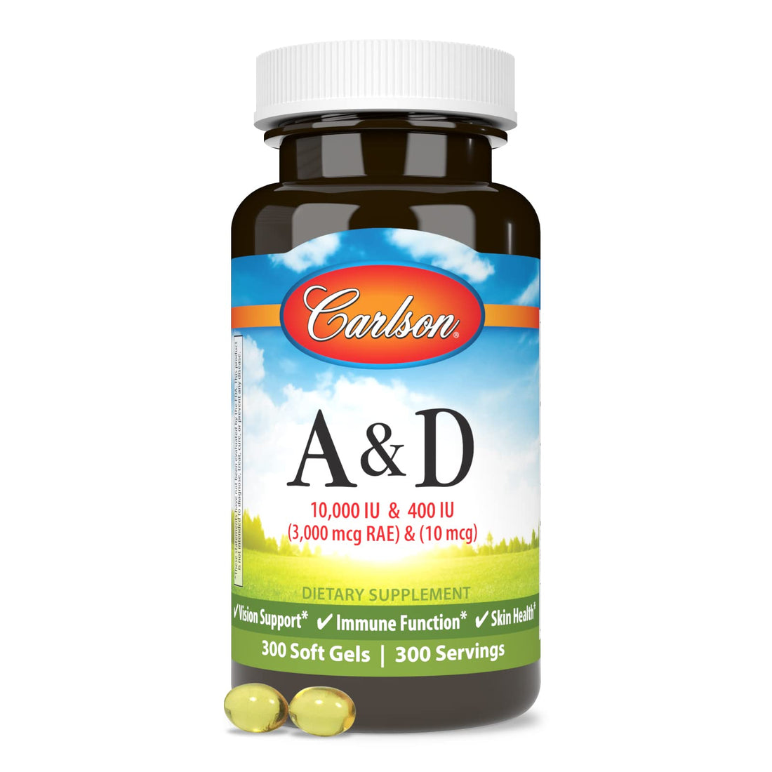 Carlson - A & D, 10000 IU (3000 mcg RAE) Vitamin A, 400 IU (10 mcg) Vitamin D3, Vision Support, Skin Health, 300 Soft Gels