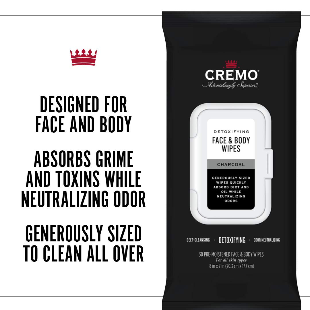 Cremo Activated Charcoal Detoxifying Face & Body Wipes, A Fresh Scent with Notes of Fig, Citrus
