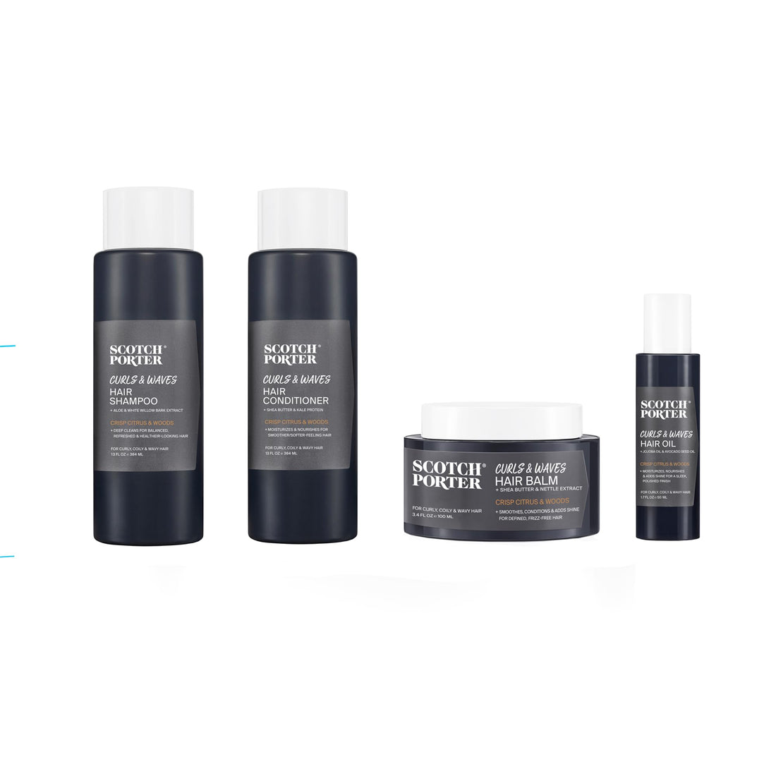 Scotch Porter Men's Ultimate Hair Care Collection for Curls & Waves– Includes Shampoo, Conditioner, Balm & Hair Oil – Crisp Citrus & Woods Scent