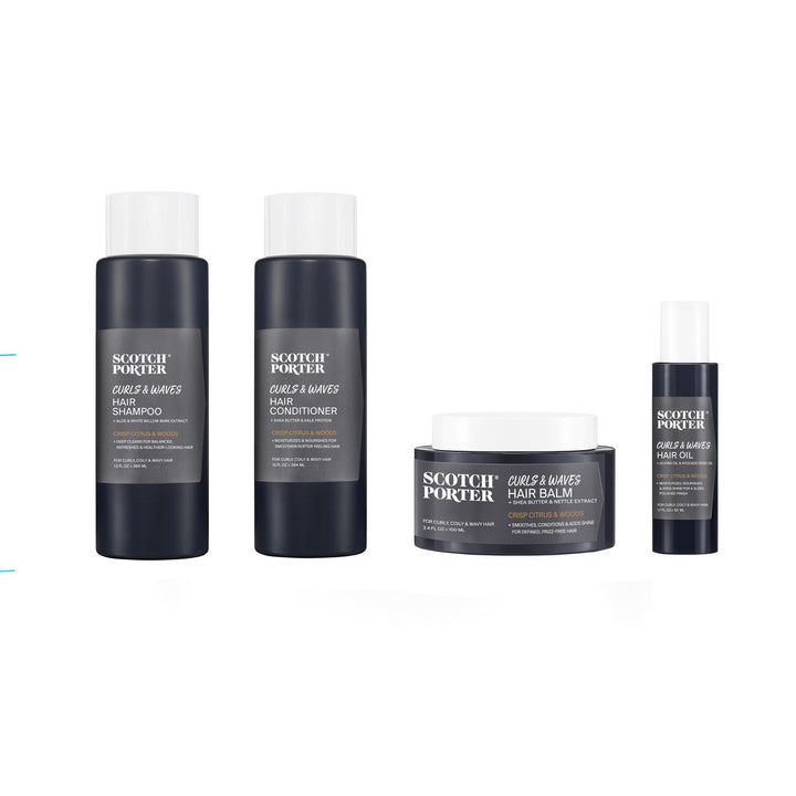 Scotch Porter Men's Ultimate Hair Care Collection for Curls & Waves– Includes Shampoo, Conditioner, Balm & Hair Oil – Crisp Citrus & Woods Scent