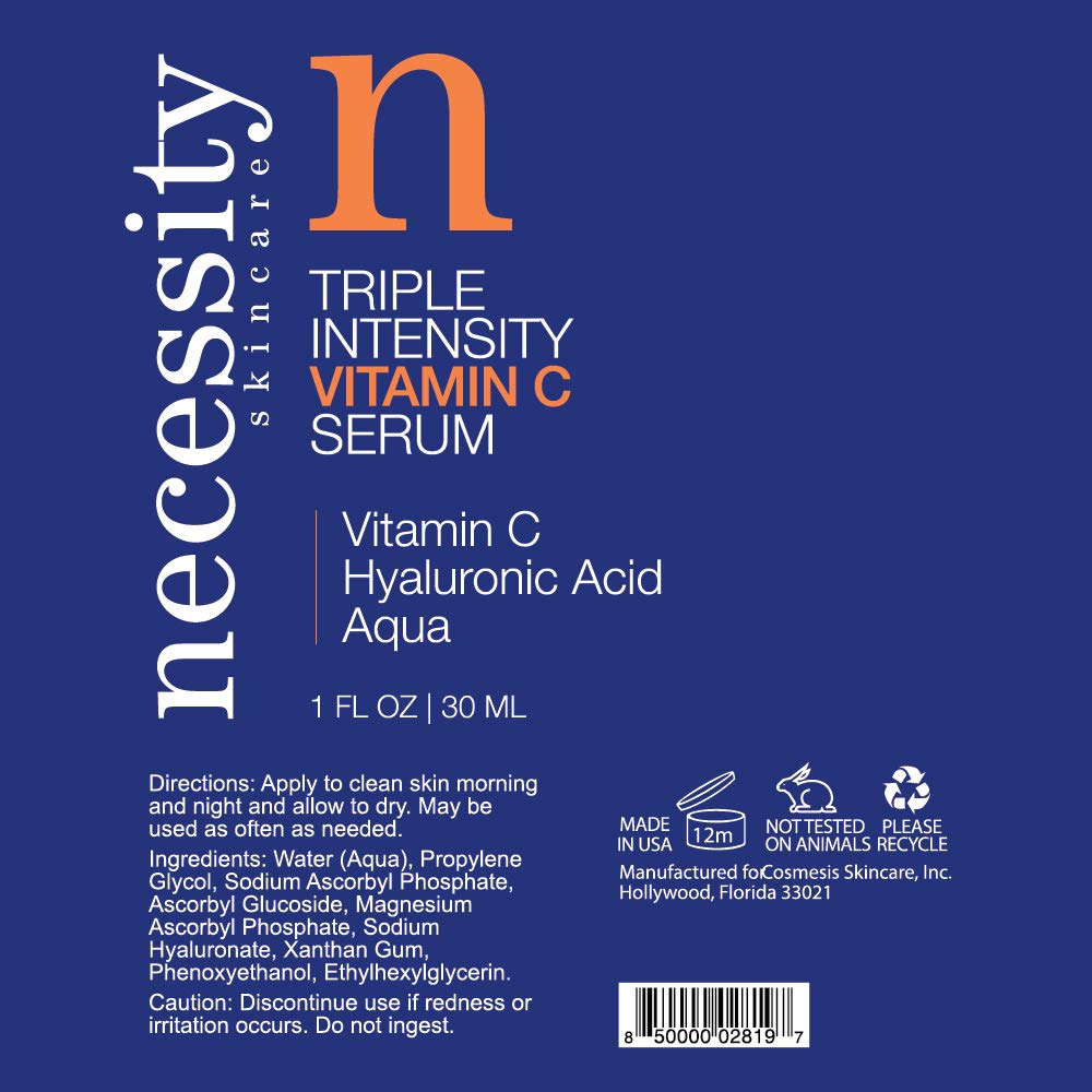 Necessity Skincare Triple Intensity Vitamin C Serum Without Hyaluronic Acid for Face, 1 Fluid Ounce