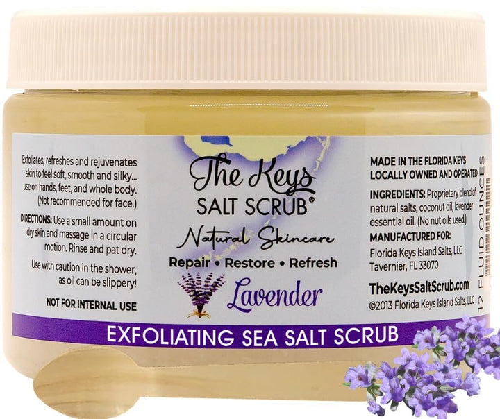 The Keys Salt Scrub - Lavender Sea Salt Scrub - Exfoliating Body Scrub with Wooden Spoon - Moisturizing Exfoliator for Face, Hands, Foot, Bath, Manicure & Pedicure, and Bikini Area Skin Care (12 oz.)