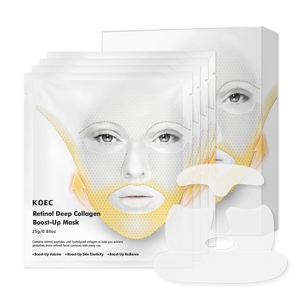 Deep Collagen Retinol Face Mask 4pcs - Instant V-Line Lifting & Tightening Mask for Wrinkles | Anti-Aging Sheet Mask with Collagen + Retinol | Korean Skincare for Smile Lines & Forehead
