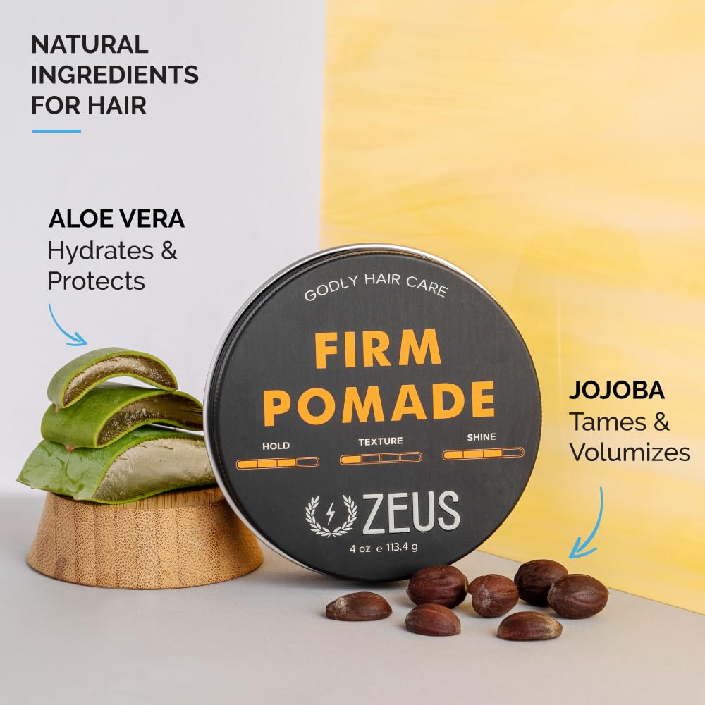 Zeus Firm Hold Pomade for Men - 4.0 Oz Jar - Paraben Free - Firm Hold Styling Pomade for All Hair Types