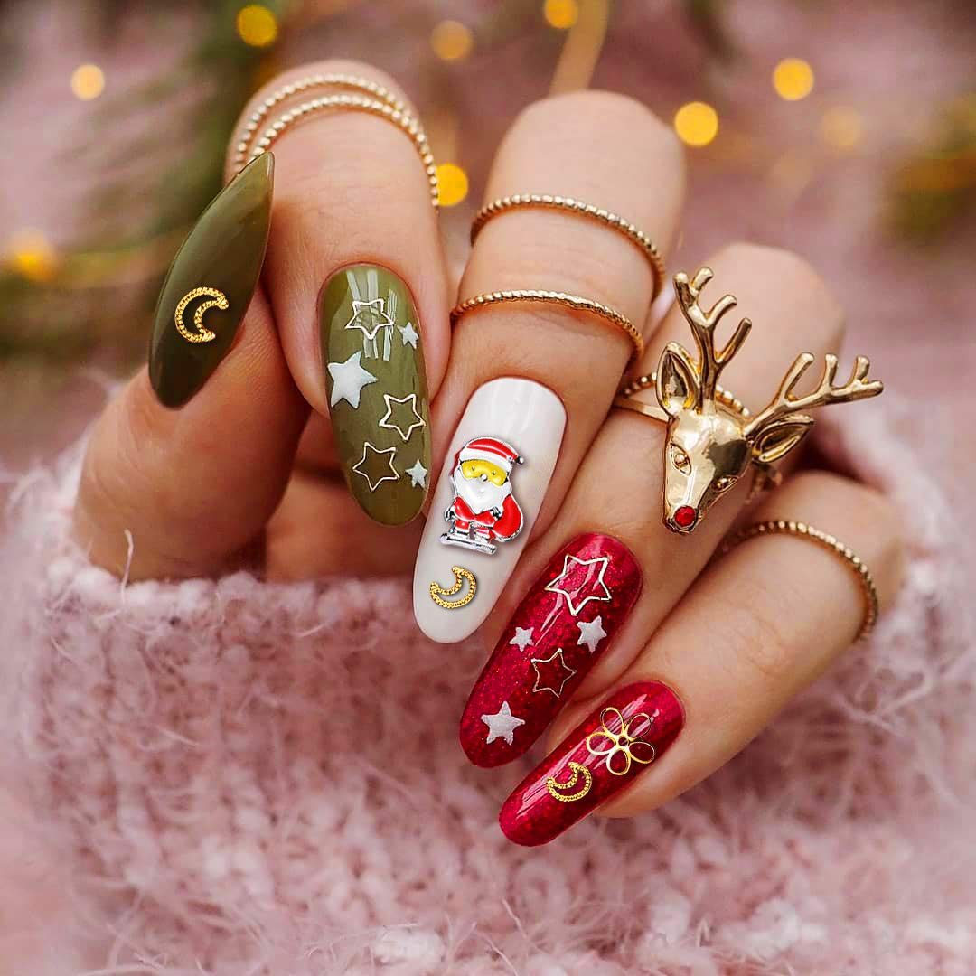 Christmas Nail Rhinestones, Super Valued Over 1500pcs 6 Pots 3D Nail Charms Sequins Alloy Santa Reindeer Snowman Snowflake Garland, Metal Nail Studs Moon flowers Gems Jewelry DIY Nail Art Decoration