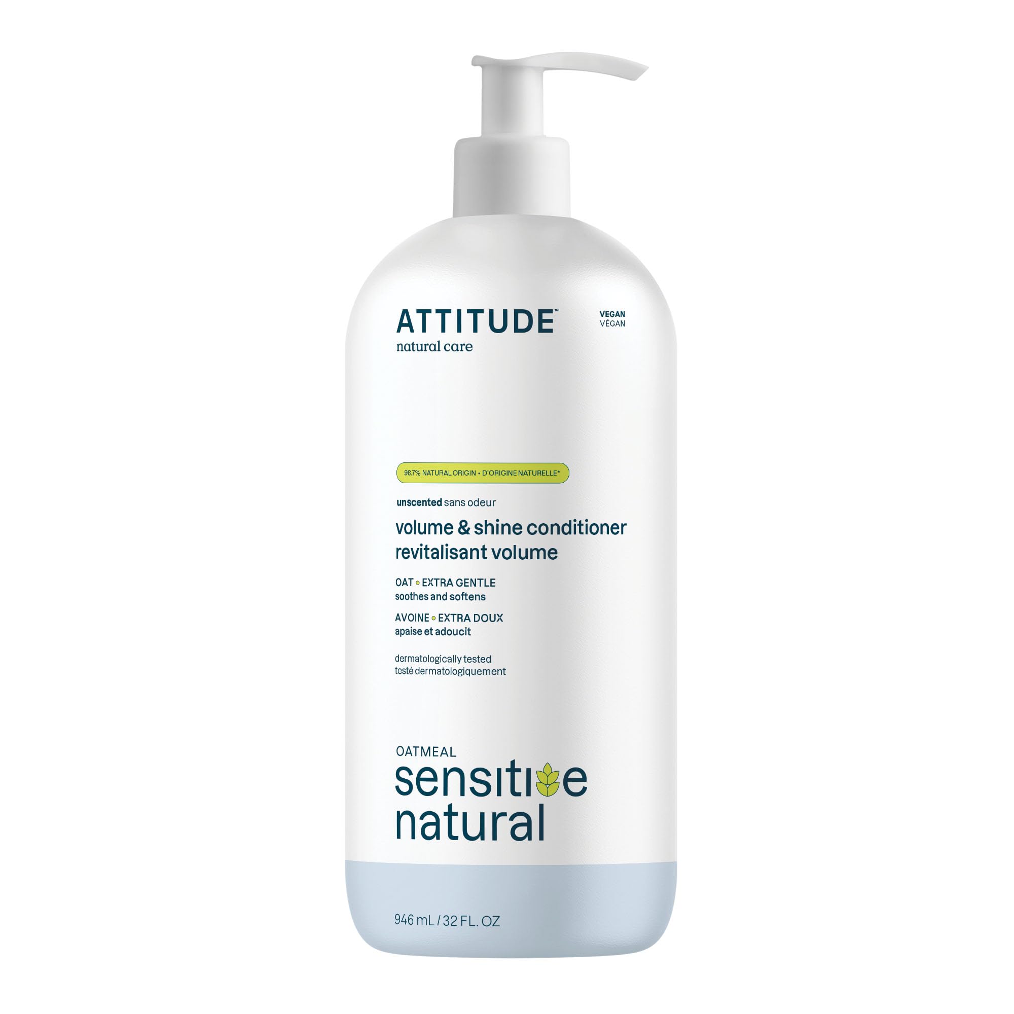 ATTITUDE Hair Conditioner for Sensitive Dry Scalp, Soothing Oat, Naturally Derived Ingredients, Dermatologically Tested, Vegan Detangler, Extra Gentle, Unscented, 32 Fl Oz