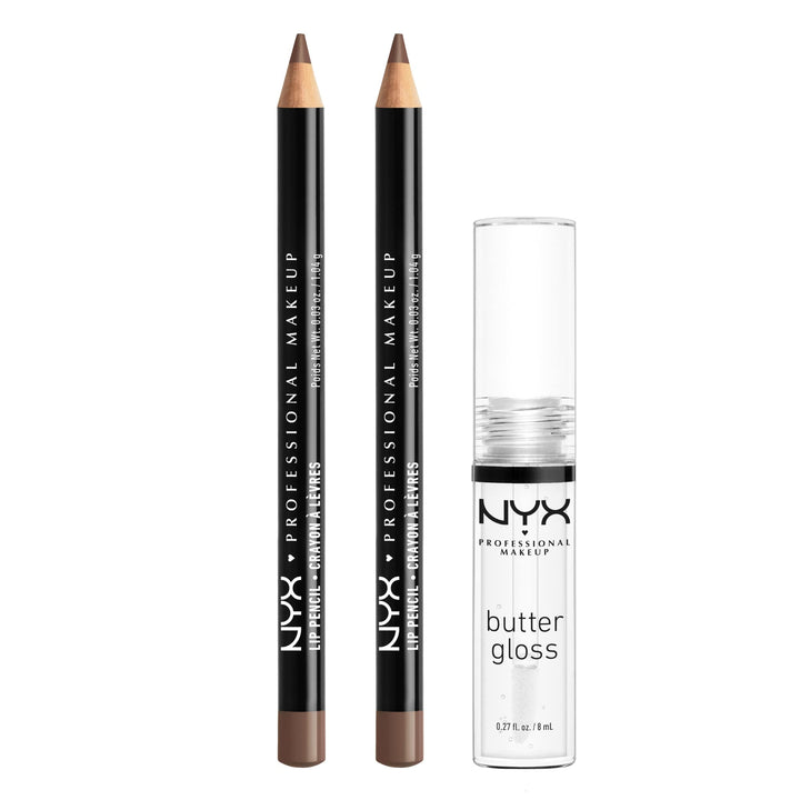 NYX PROFESSIONAL MAKEUP Slim Lip Pencil (Espresso) + Butter Gloss (Sugar Glass, Clear), 3-Pack
