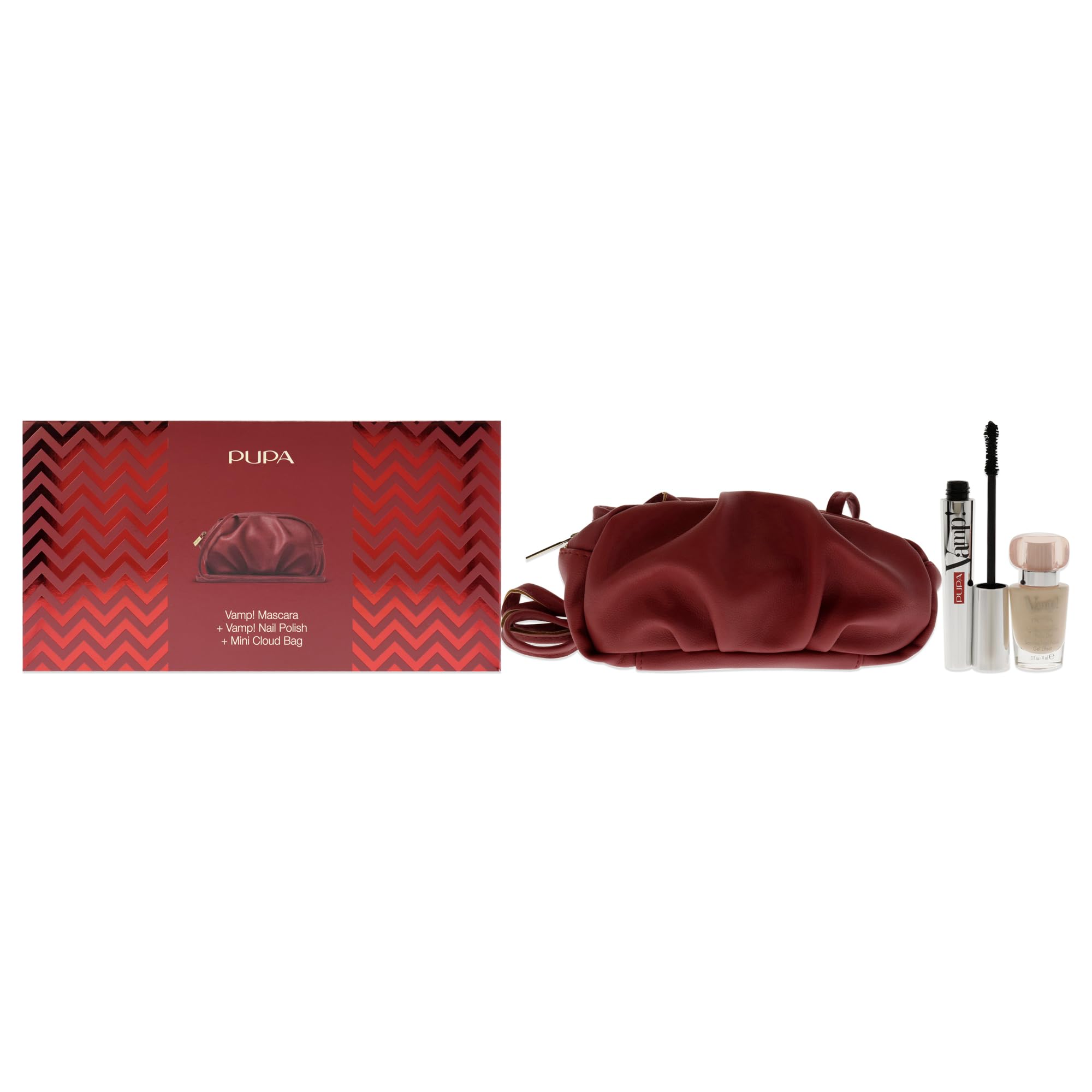 Pupa Milano Vamp! Mascara And Vamp! Nail Polish Set - Volume Mascara And Gel Effect Polish - Thick And Super Dense Lashes - Light Scented Nails - Smudge-Free Hold - Mini Cloud Bag - 3 Pc Mascara Kit