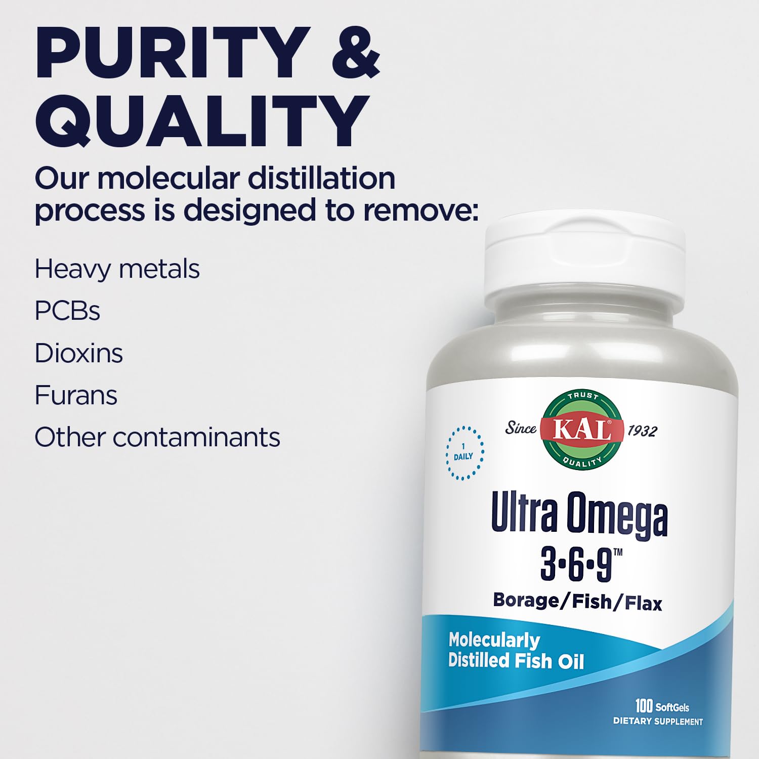 KAL Ultra Omega 3-6-9 1200mg | Fish Oil w/Cold Pressed Flaxseed & Borage Oil | Skin, Hair, Heart, Memory | 100 Softgels