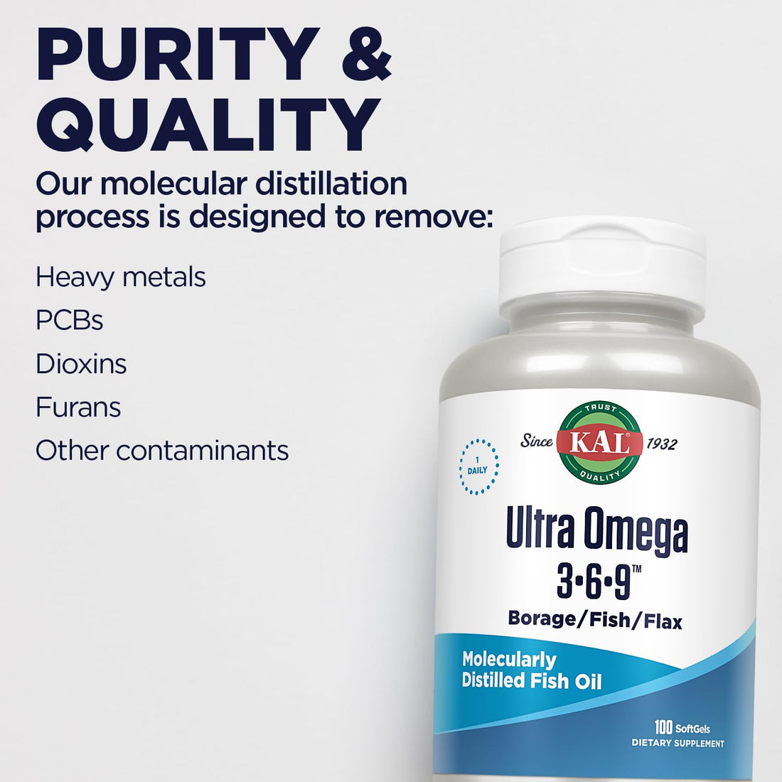 KAL Ultra Omega 3-6-9 1200mg | Fish Oil w/Cold Pressed Flaxseed & Borage Oil | Skin, Hair, Heart, Memory | 100 Softgels