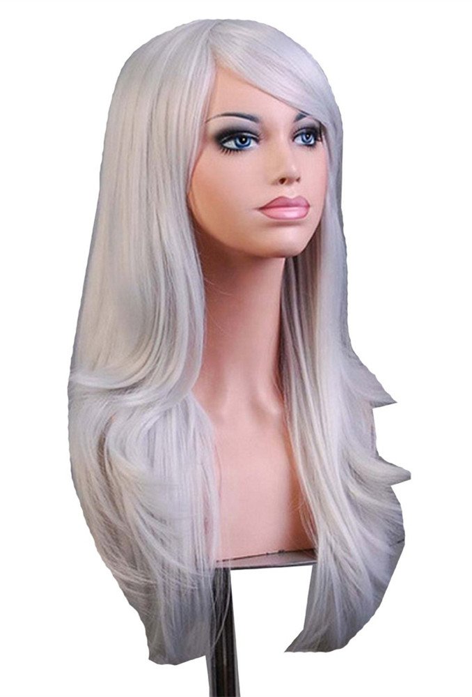 AneShe Wigs 28 Long Wavy Hair Heat Resistant Cosplay Wig for Women (Silver Grey)