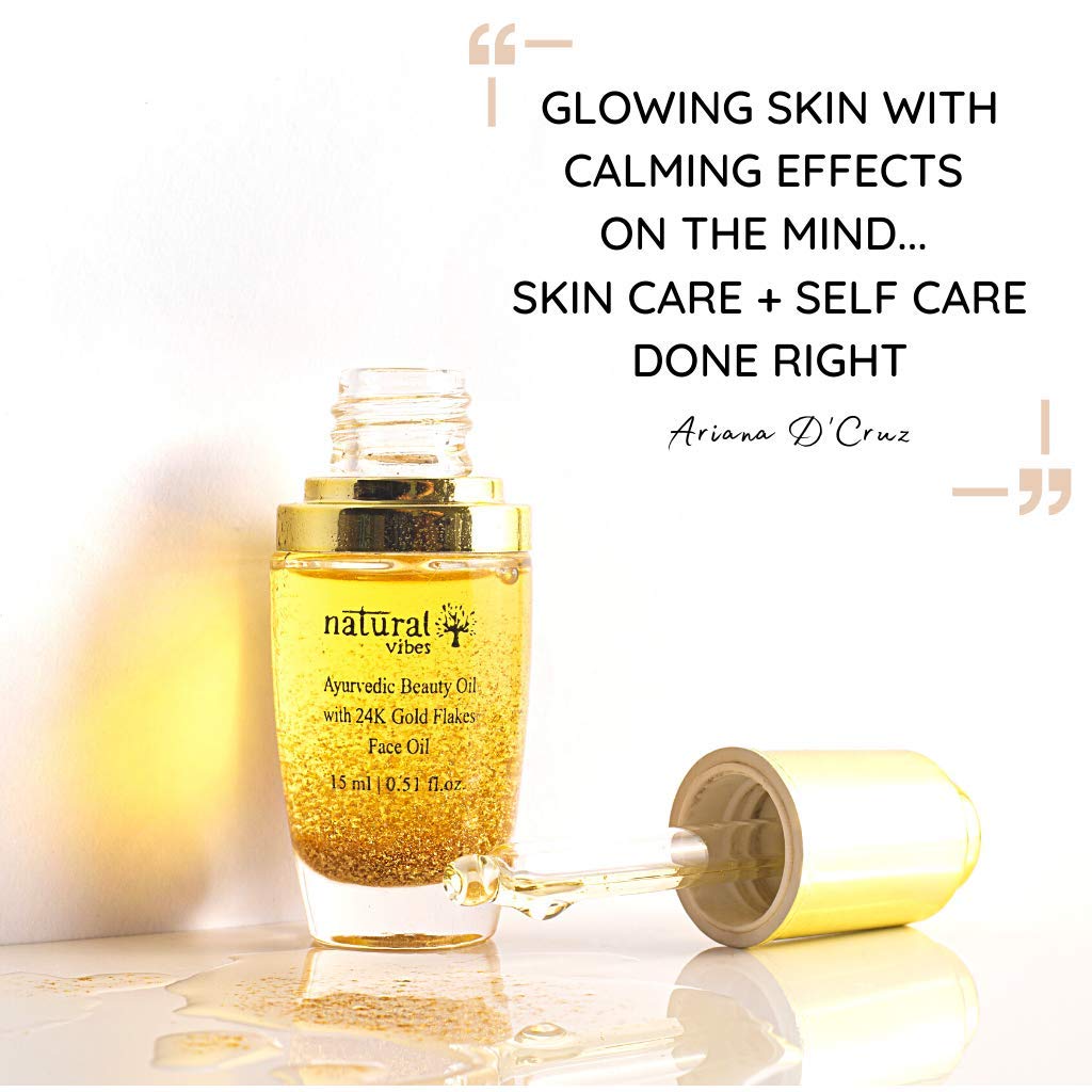 Natural Vibes Beauty Face Oil With Gold Flakes | Elixir For Intense Glow, Brightening & Hydration | Skin Clarifying | Dark Spot & Under Eye Corrector | 15 ml