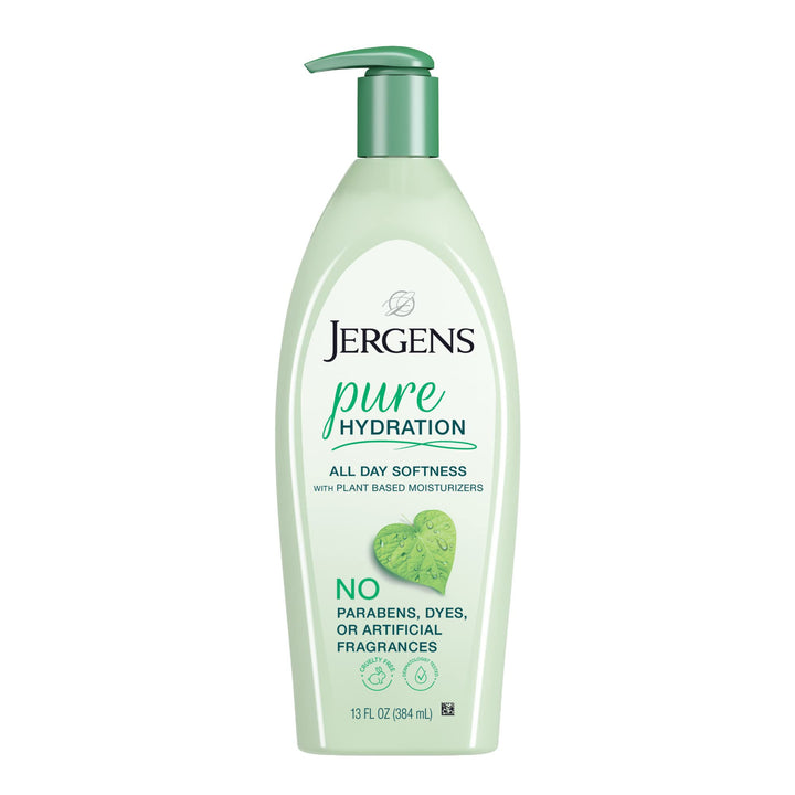 Jergens Pure Hydration Body Lotion, Plant Based Moisturizer Hydrates Dry to Extra Dry Skin, Paraben and Cruelty Free, Fragrance Free Formula, 24hr Hydration, 13 Oz