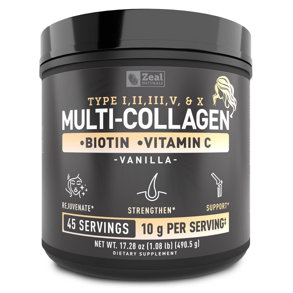 Premium Multi Collagen Peptides Protein Powder (1, 2, 3, 5 & 10) with Vitamin C, Biotin, Hyaluronic Acid, for Hair Skin and Nails - Marine, Bovine, Chicken & Eggshell (Vanilla, 45 Servings)