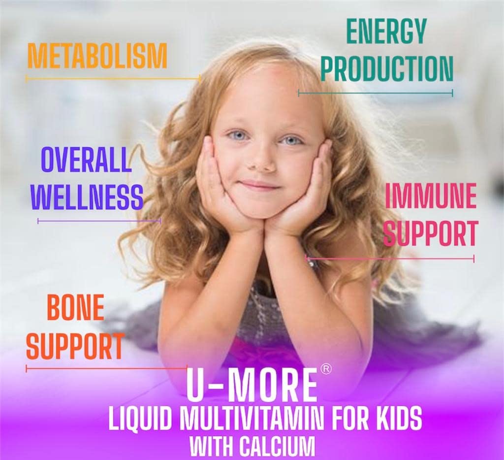 U-MORE Children's Multivitamin Syrup with Calcium, Vitamins C, B3, E, B5, Zinc, B2, B1, B6, A, D - Energy & Immune Support - 5.07 fl oz
