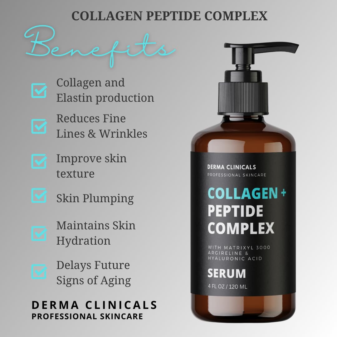 DERMA CLINICALS Collagen Peptide Serum with Matrixyl 3000 + Argireline, Hyaluronic Acid Serum, Anti-Aging Collagen Face Serum, Firming and Plumping, Anti-Wrinkle Serum for face - 4oz