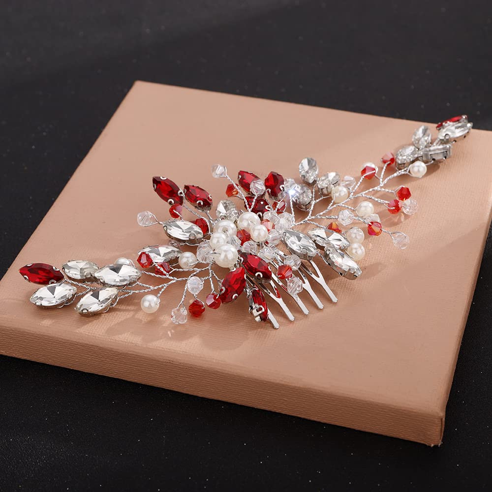 Aimimier Bridal Red Crystal Hair Comb Ruby Hair Vine with Comb Pearl Hair Piece Prom Party Festival Wedding Hair Accessories for Women and Girls