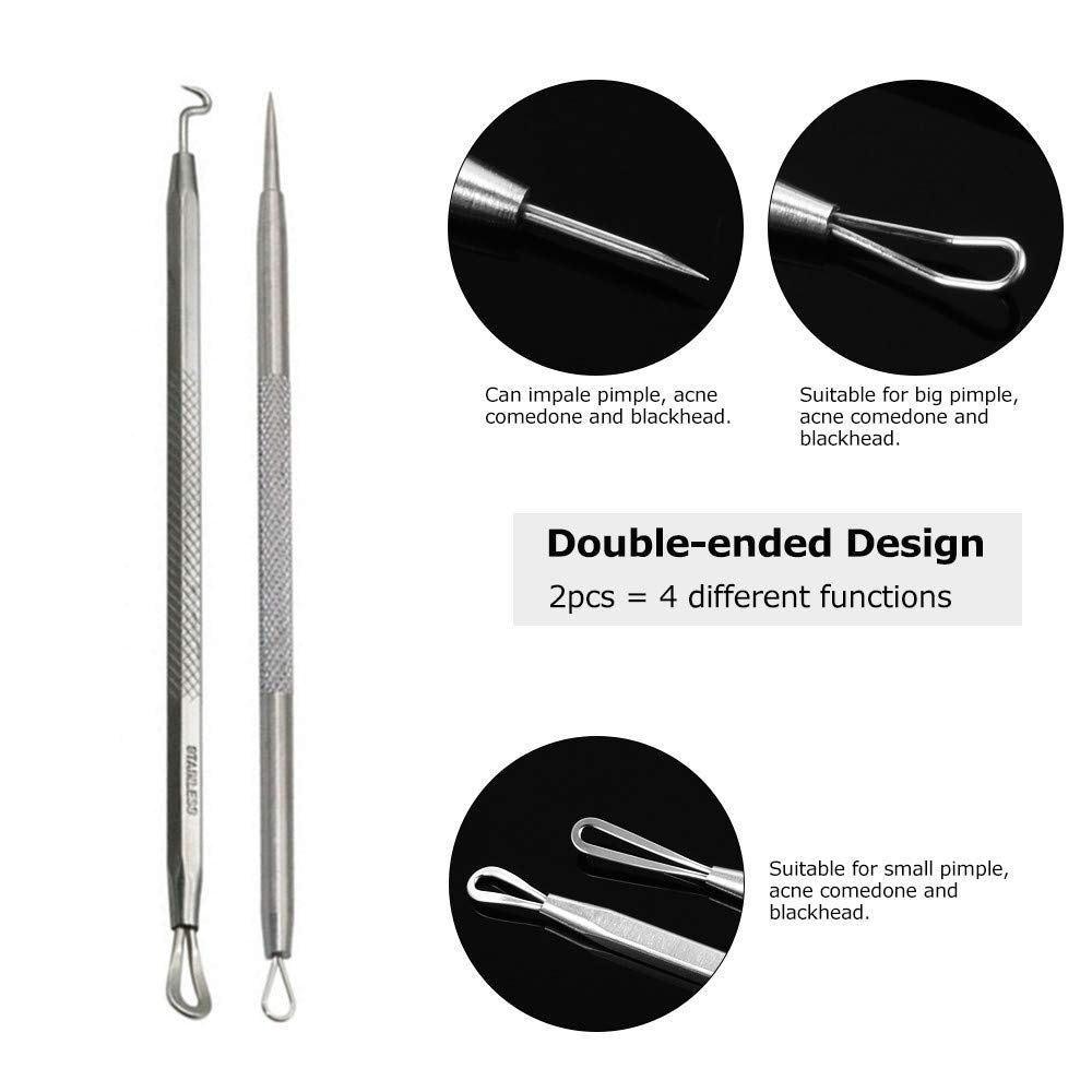 Pinkiou Acne Needle Kit Curved Blackhead Remover Tweezers for Blemish Dermatologist Grade Nose Pimple Comedone Extractor Tool Set with Silver Metal Case (5pcs a pack)