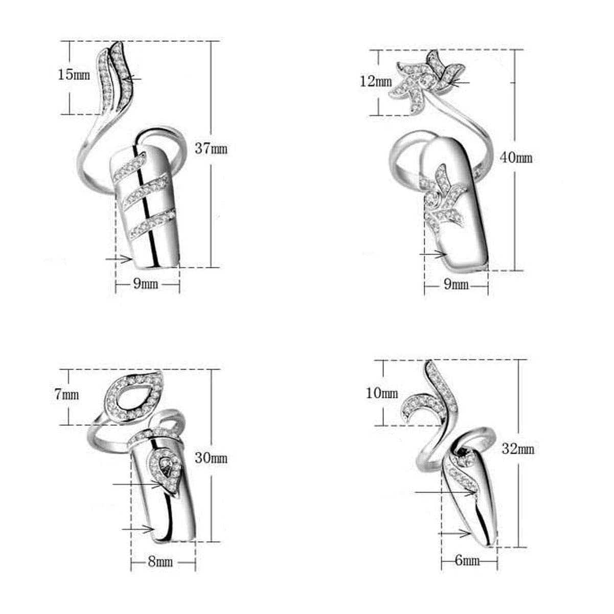 4 Pcs Fashion Rhinestone Crystal Nail Ring Manicure Fingertip Charm Finger Decoration Jewelry Accessories for Women